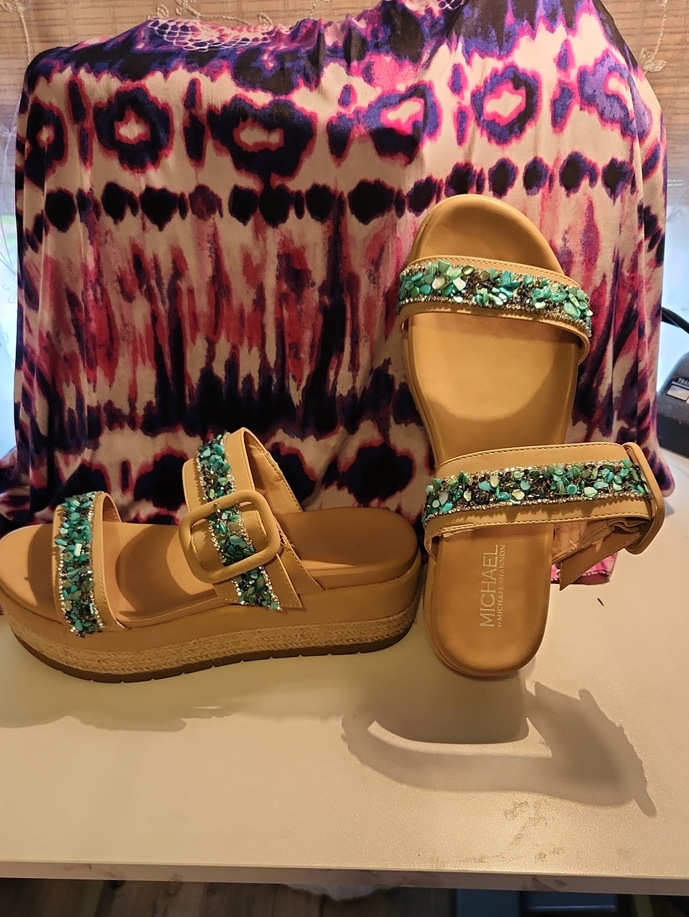 Michael Shannon Tan Platform Sandal Slides with Turquoise Beading